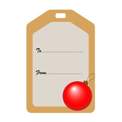 Simple present gift yellow golden name tag with christmas red ball ornament, to from lines