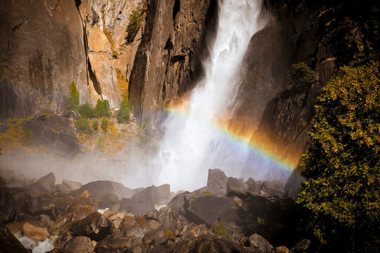 Yosemite National Park, California - Yosemite Falls raging in autumn, in the aftermath of the 2021 bomb cyclone