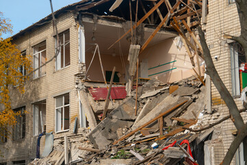 School damaged after shelling. War in Ukraine. Terror of the civilian population