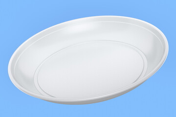 Eco-friendly disposable utensils like plate on blue background.