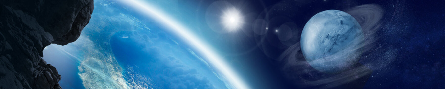 Space scene with Earth and planets. Panorama. Horizontal view for a glass panels (skinali). Template banner. 3d render
