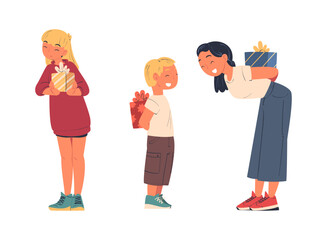 Happy Woman and Girl Character Giving Gift Box for Holiday Congratulation Vector Set