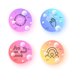 Inclusion, Journey path and Volunteer minimal line icons. 3d spheres or balls buttons. Eye target icons. For web, application, printing. Equity rainbow, Project process, Social care. Optometry. Vector