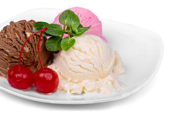 Ice Cream Scoops with a cherry on plate