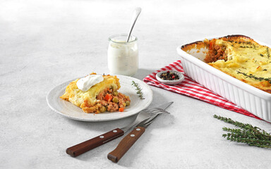 shepherd's pie served in the plate with a sourcream and thyme , copy space