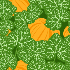 Seamless pattern Pumpkin with leaves or foliage. Seamless pattern of pumpkins under the leaves. Pattern of pumpkins on a background of green leaves. Pumpkin seamless texture. Vector eps10