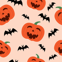 Seamless pattern for Halloween. Pumpkins and bats in childrens style. Bright cartoon pattern for Halloween. color flat vector