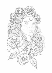 illustration of a woman, flowers, tattoo 