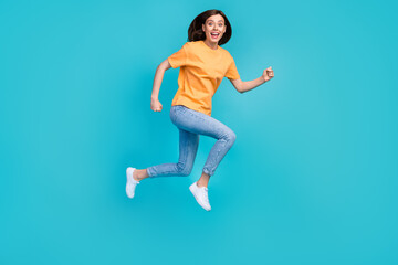 Fototapeta na wymiar Full length photo of positive crazy lady dressed trendy comfort clothes hurry black friday isolated on blue color background