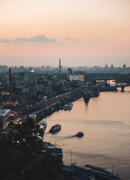River Dnieper with boats Kyiv, Ukraine, Dniper