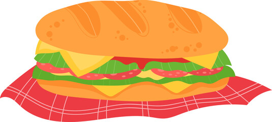 Hamburger meat, bread, cheese, tomato bundle, snack bun lunch, isolated on white, design, flat style vector illustration.