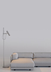 Modern gray furniture and copy space for text, advertisement. Furniture store, interior details. Furnishings sale, interior project. Vertical template with empty space. Minimalist design. 3d render.