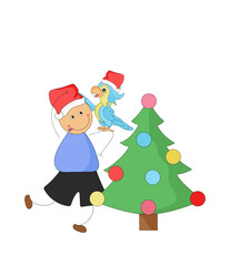 Christmas card. Graphic design for children. A child with a parrot near the Christmas tree. Christmas concept. Isolated on white background.