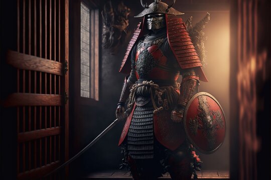 Ancient samurai preparing for combat, armour of woven glossy black and red bamboo. 3d render