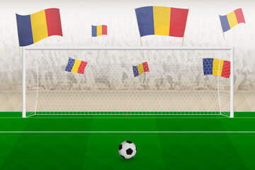 Romania football team fans with flags of Romania cheering on stadium, penalty kick concept in a soccer match.