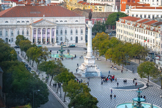 Aerial View Of Rossio Square (Praca Dom Pedro IV) And D. Maria II National Theatre - Lisbon, Portugal