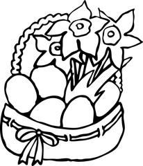 Easter basket with colorful chocolate eggs and spring flowers. Happy Easter celebration party for baby, kids, family. Cute lovely cartoon vintage vector  illustration. Hand drawn line art.