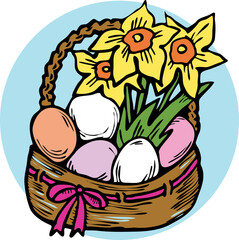 Easter basket with colorful chocolate eggs and spring flowers. Happy Easter celebration party for baby, kids, family. Cute lovely cartoon vintage vector  illustration. Hand drawn line art.
