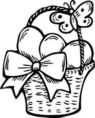 Easter basket with colorful chocolate eggs and spring flowers. Happy Easter celebration party for baby, kids, family. Cute lovely cartoon vintage vector  illustration. Hand drawn line art.