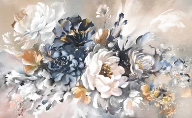 Schilderijen op glas Geschilderde Bloemen painting with flower rose, peonies, oil leaves. wallpaper Botanic print background on canvas -  floral triptych In Interior, wall art.  © lisima