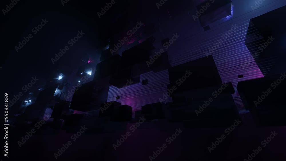 Poster fly through technology cyberspace with neon glow. sci-fi constructions, mysterious 3d objects in fog