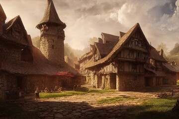 An illustration of the small medieval fantasy village. Medieval Fantasy - obrazy, fototapety, plakaty