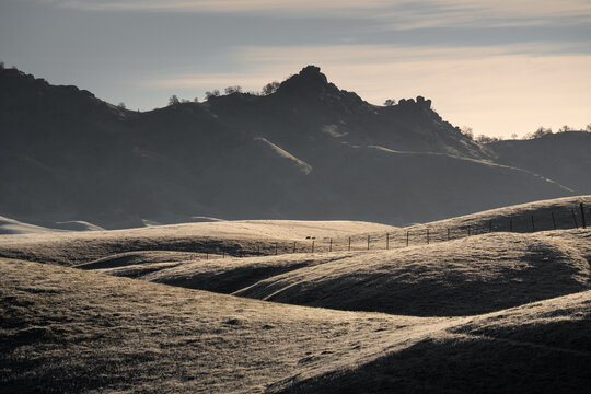 Rolling hills on a frosty morning, California.