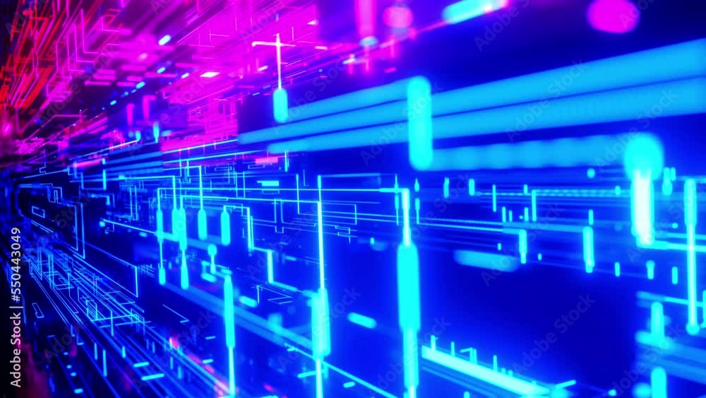 Poster neon light, sci-fi constructions, mysterious 3d objects and hologram. flight through hi-tech technol