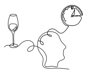 Drawing line wine with clock on the white background. Vector