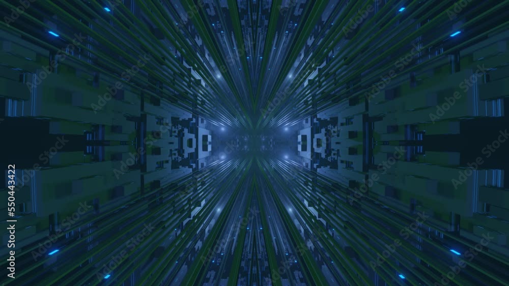 Aufkleber fly through symmetrical technology cyberspace with neon glow. sci-fi flight through hi-tech technolo