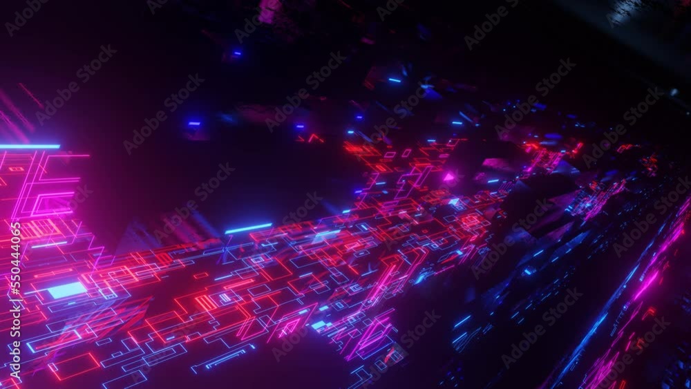 Poster fly through technology cyberspace with blue red neon glow. sci-fi flight through hi-tech technology 