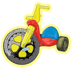 The classic plastic big wheel trike from the 1970s, 1980s and 1990s, a vintage toy that many of us learn to ride, race and drift on. - obrazy, fototapety, plakaty