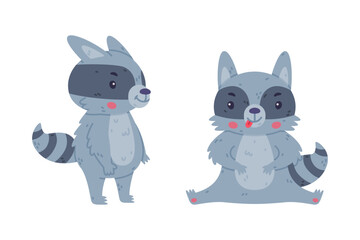 Funny Raccoon Animal Character with Striped Tail Standing and Sitting Vector Set