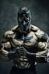 Epic masked bodybuilder. Muscular man with tattoos character. Generative AI.