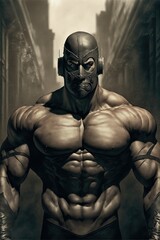 Naklejka na ściany i meble Epic masked bodybuilder. Muscular man character. Generative AI.