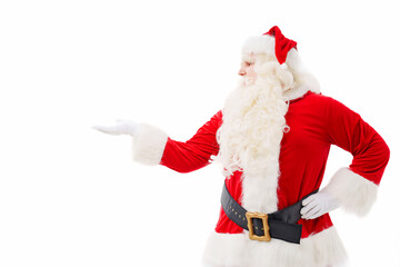 Santa Claus points hand to a place for an inscription on a white background.