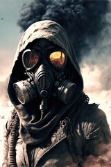 Woman character in gas mask with smoke