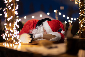 
Portrait von einem betrunkenen Weihnachtsmann, der auf einem Weihnachtsmarkt von Lichtern umgeben...