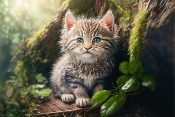 Naklejka na ściany i meble Cute funny tiny kitten in a forest