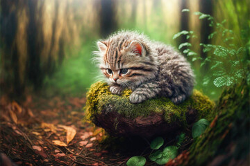 Naklejka na ściany i meble Cute funny tiny kitten in a forest
