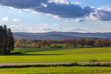 Sunny fall day in the countryside. Autumn landscape.