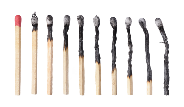 Different stages of match burning isolated