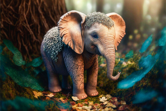 Cute funny tiny elephant in a forest