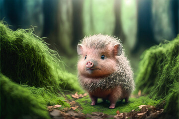 Cute funny tiny pig in a forest