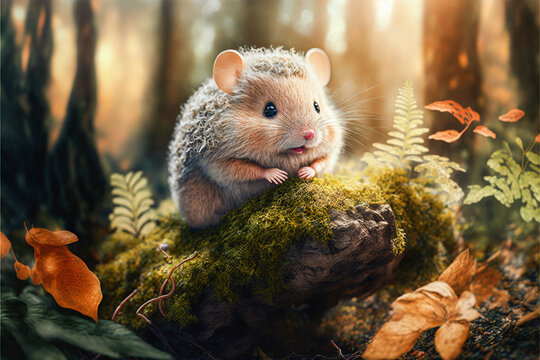 Cute funny tiny mouse in a forest