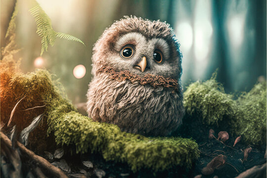 Cute funny tiny owl in a forest