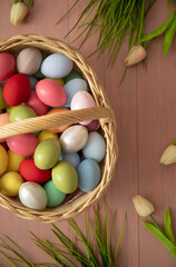 easter eggs in basket. Easter concept. Colored eggs. 