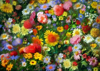 Fairytale background of flowers, panorama painted with flowers, oil painting, flowers in the garden. Fine art