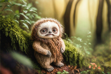 Cute funny tiny sloth in a forest