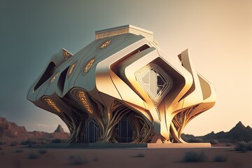 Futuristic home. Exterior house building. Science fiction architecture.